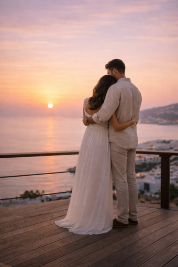 romantic sunset honeymoon proposal mykonos