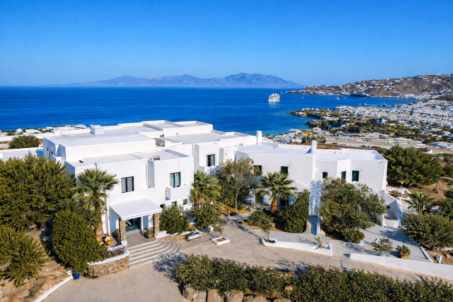 hilltop location in mykonos with panoramic sea and mykonos town views