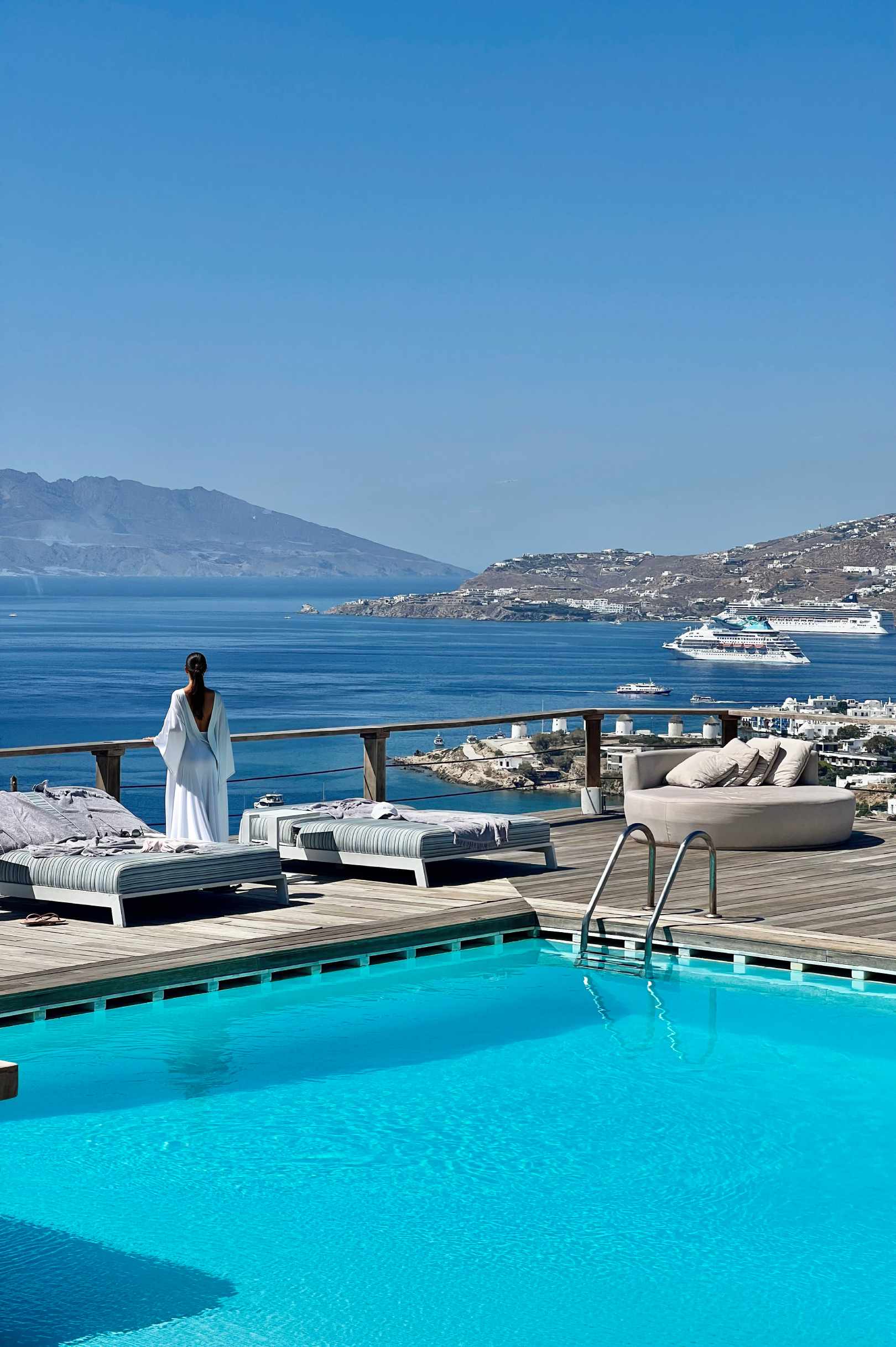 best view in Mykonos, sea view, town view, sunset view, hotel pool