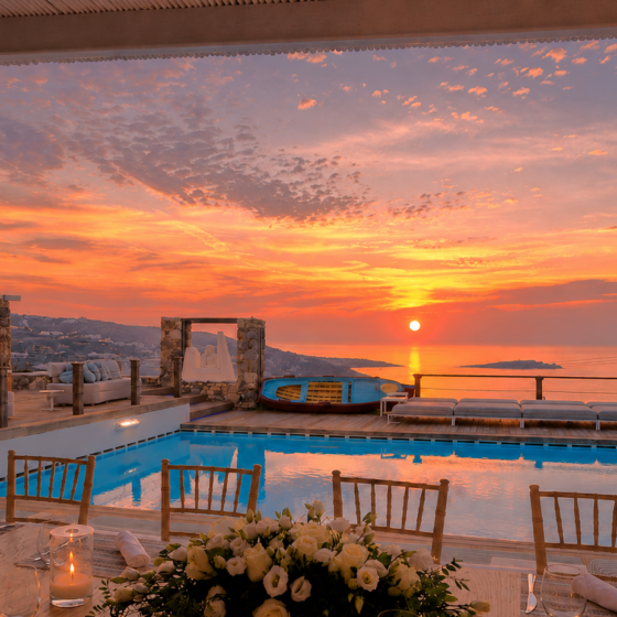 Restaurant Pool view Mykonos Tharroe